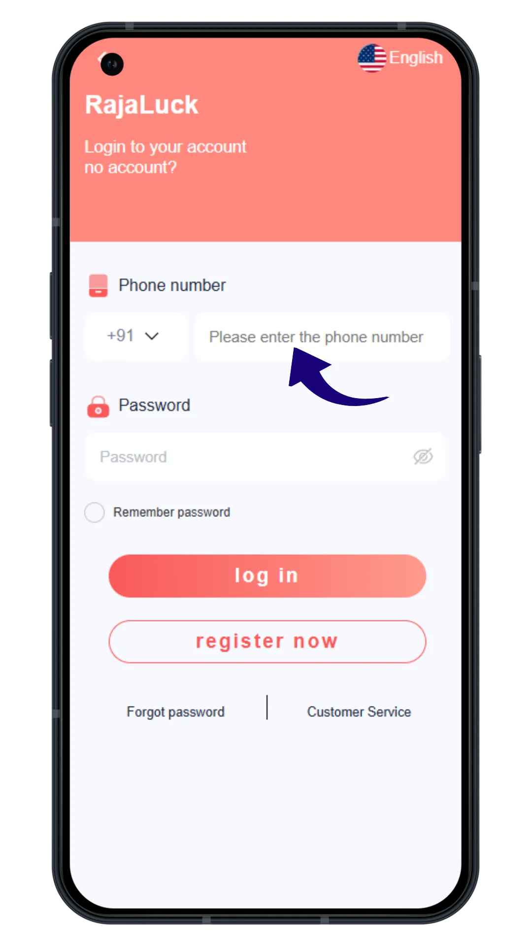 Entering mobile number on Raja Luck